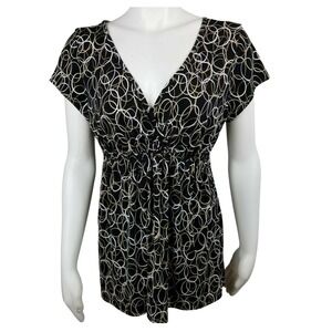 Cha Cha Vente Womens Large Tunic Top Black Circle Print Empire Waist V-Neck